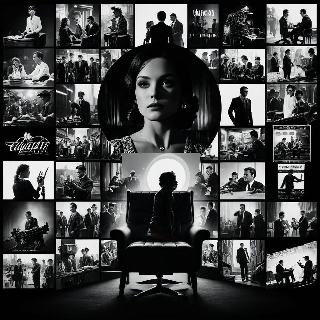 A mesmerizing collage of iconic film scenes blending classic black-and-white imagery with modern vibrant cinematic trailers, featuring a diverse array of characters from different genres. The background should showcase a stylized film reel, intertwined with elements like popcorn, a director's chair, and a clapperboard. Dramatic lighting highlights the film scenes while soft focus on the edges brings an ethereal feel. Create a visual narrative that reflects the evolution of cinema from classic to modern. super-realistic. vibrant colors. cinematic style.