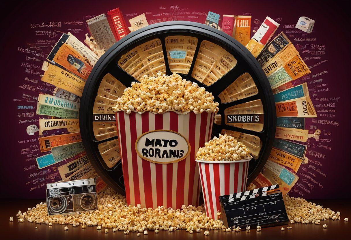 An intricate collage showcasing various film genres such as horror, comedy, drama, and sci-fi, intertwined with iconic film reels and popcorn. Include a vintage film projector casting light, alongside a variety of critic notes and box office statistics infographics floating around. The background should have a subtle cinema theater ambiance with soft lights. vibrant colors. 3D.
