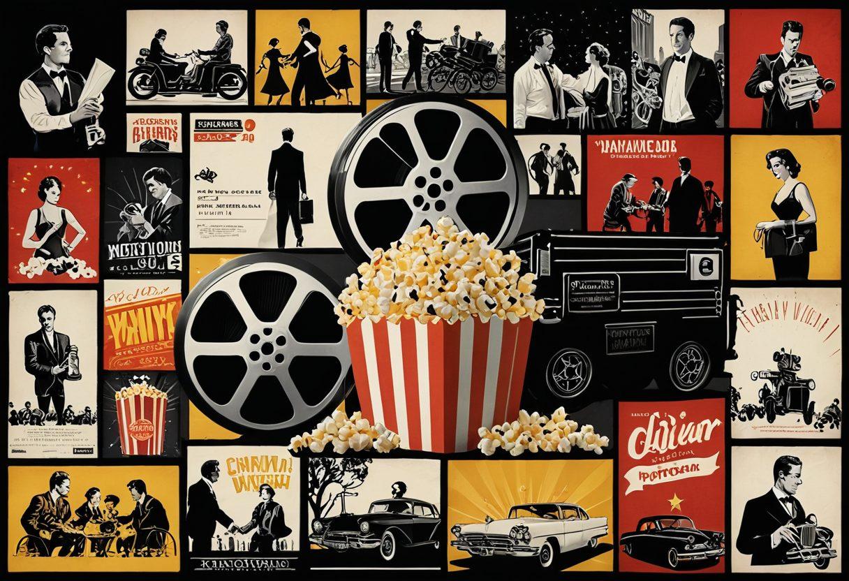 A collage of iconic movie scenes showcasing the evolution of film from vintage black-and-white trailers to modern high-definition classics, with a film reel intertwining through the images. Include a vintage projector casting light onto the scenes, surrounded by popcorn and film awards to evoke nostalgia. The background should depict a cinema hall filled with eager viewers. vibrant colors. super-realistic.
